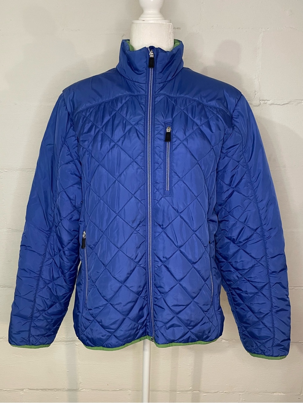 Lands' End Women's Blue Quilted Puffer Jacket with Green Trim